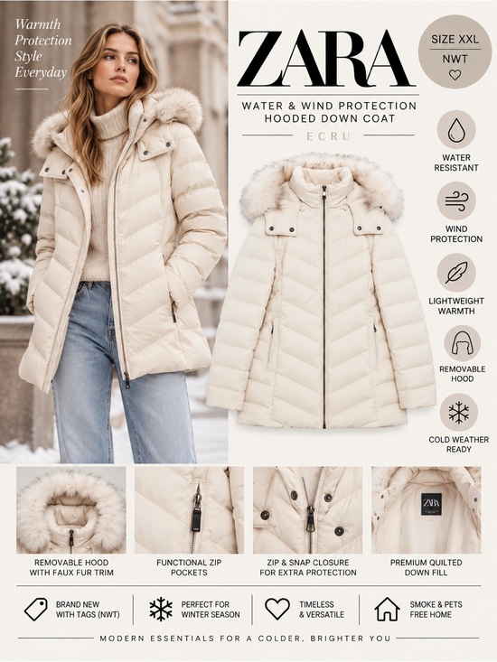 Zara Jackets & Blazers - ZARA Ecru Water Wind Protection Hooded Down Coat NWT Size XXL Faux Fur Puffer